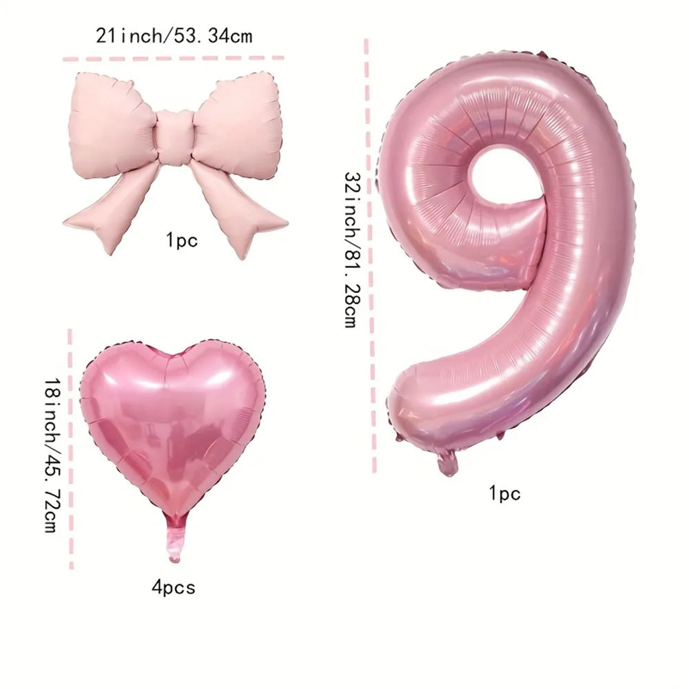 Pink Bow Heart and Number Foil Balloon Set for Celebrations