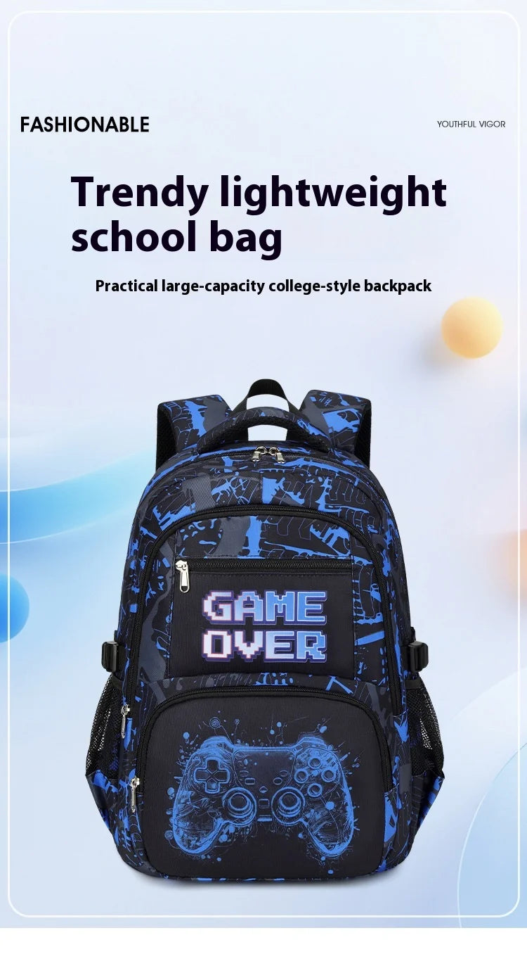 A blue and black lightweight school bag featuring a Game Over graphic on the front.
