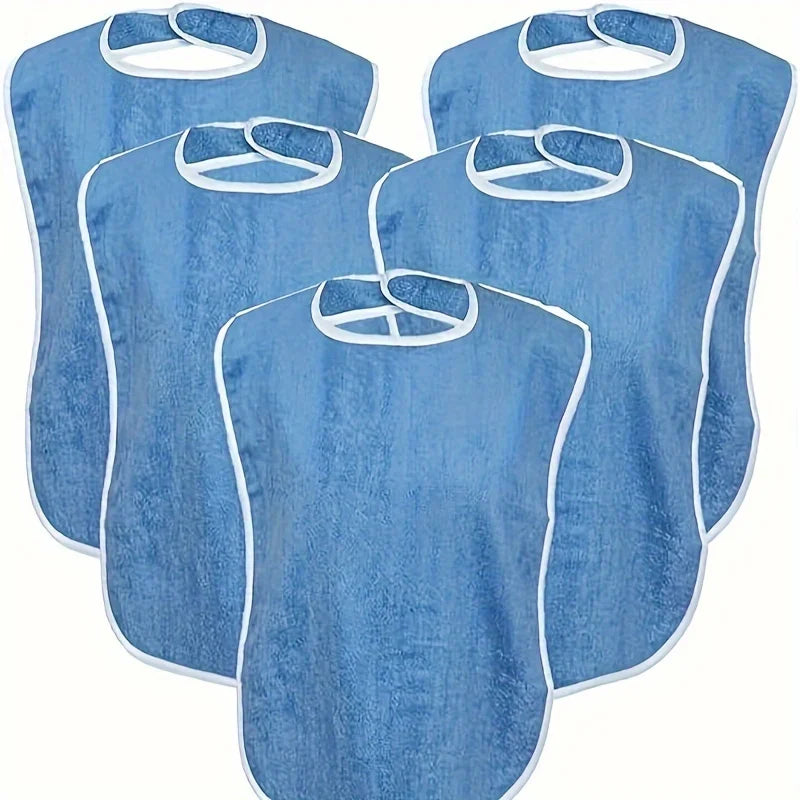 Three light blue flannel bibs designed for adult care