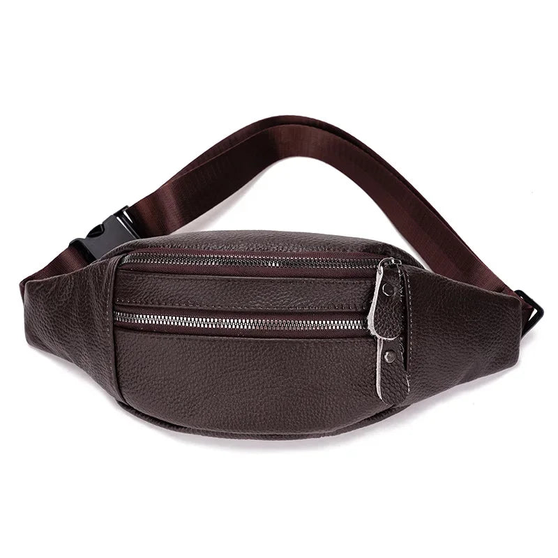 A dark brown genuine leather multi-pocket waist bag with a strap shown from above.