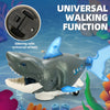 A gray shark toy with blue fins is shown in an underwater context, demonstrating a universal walking function.