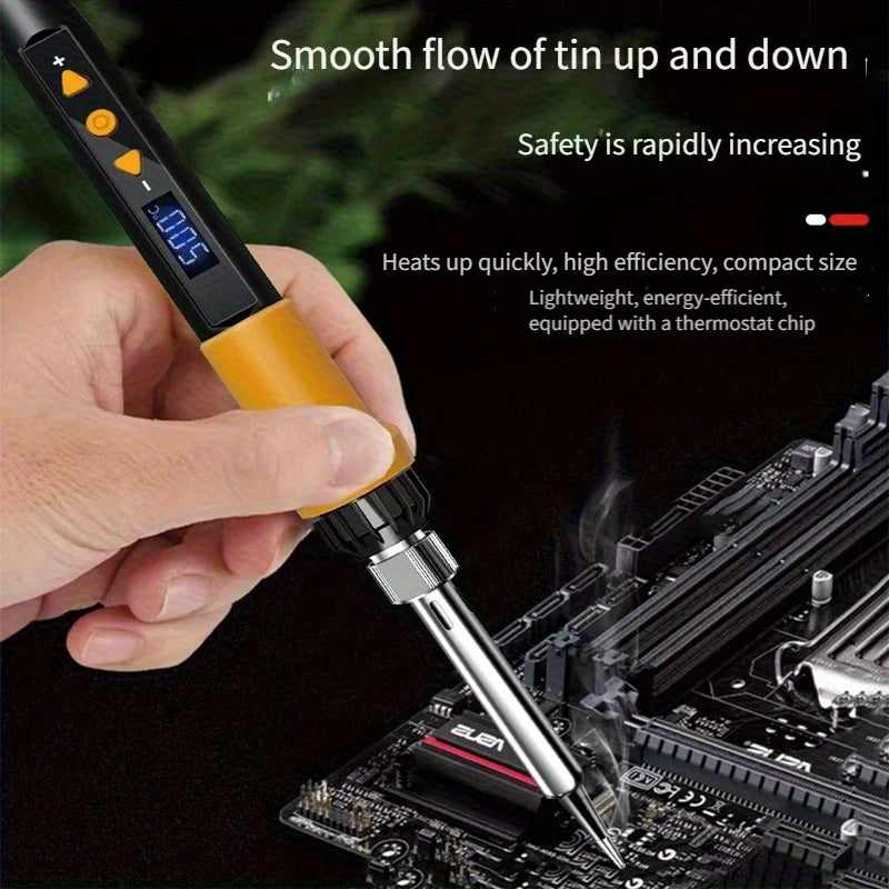 A hand holds a soldering iron with a digital display, heating a circuit board.