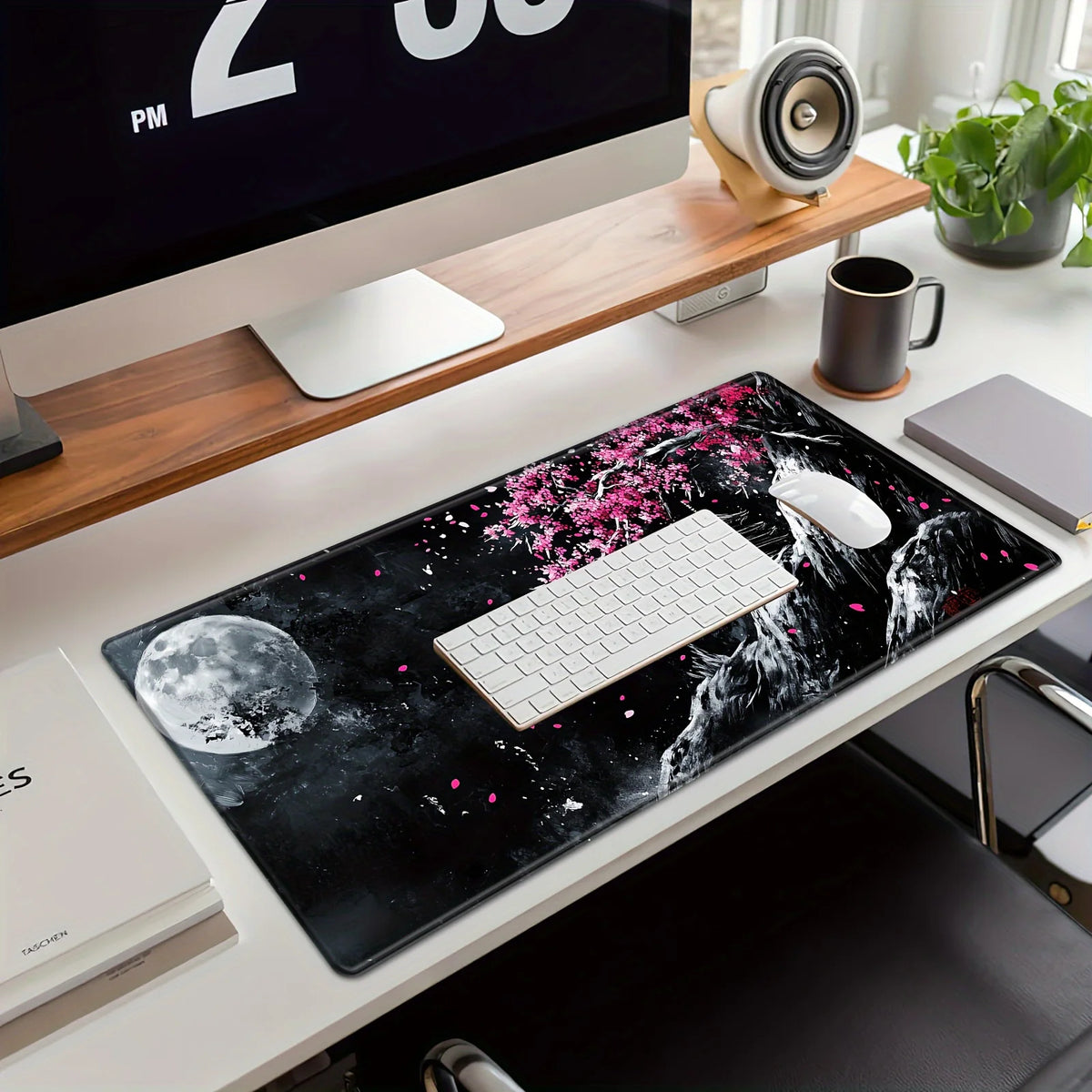 Un tapis de souris noir avec une lune et des fleurs de cerisier posé sur un bureau en bois à côté d'un moniteur d'ordinateur.
