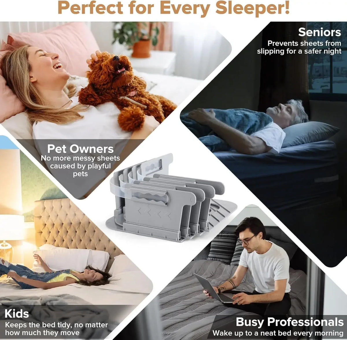 A set of four gray adjustable bed sheet corner holders shown in various contexts for seniors, pet owners, and kids.
