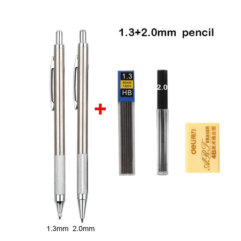 A set of 1.3 and 2.0 mm HB mechanical pencils with a pencil and eraser.