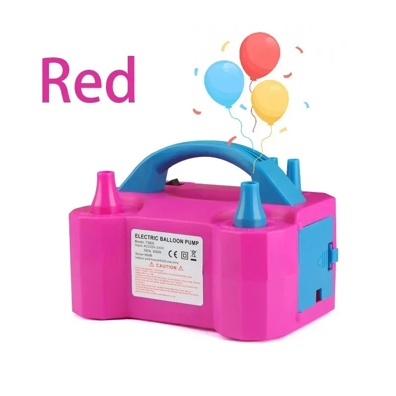 Pompe à ballons électrique rose avec poignée bleue et deux buses sur fond blanc.