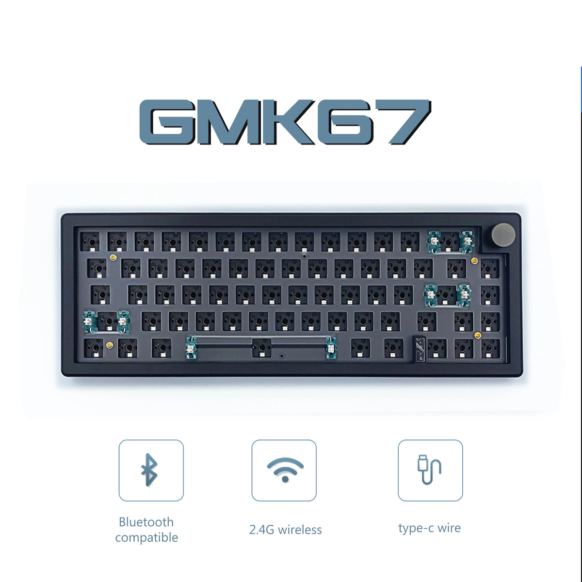 Vista cercana del teclado mecánico GMK67 con marco azul oscuro y diversas opciones de conexión.