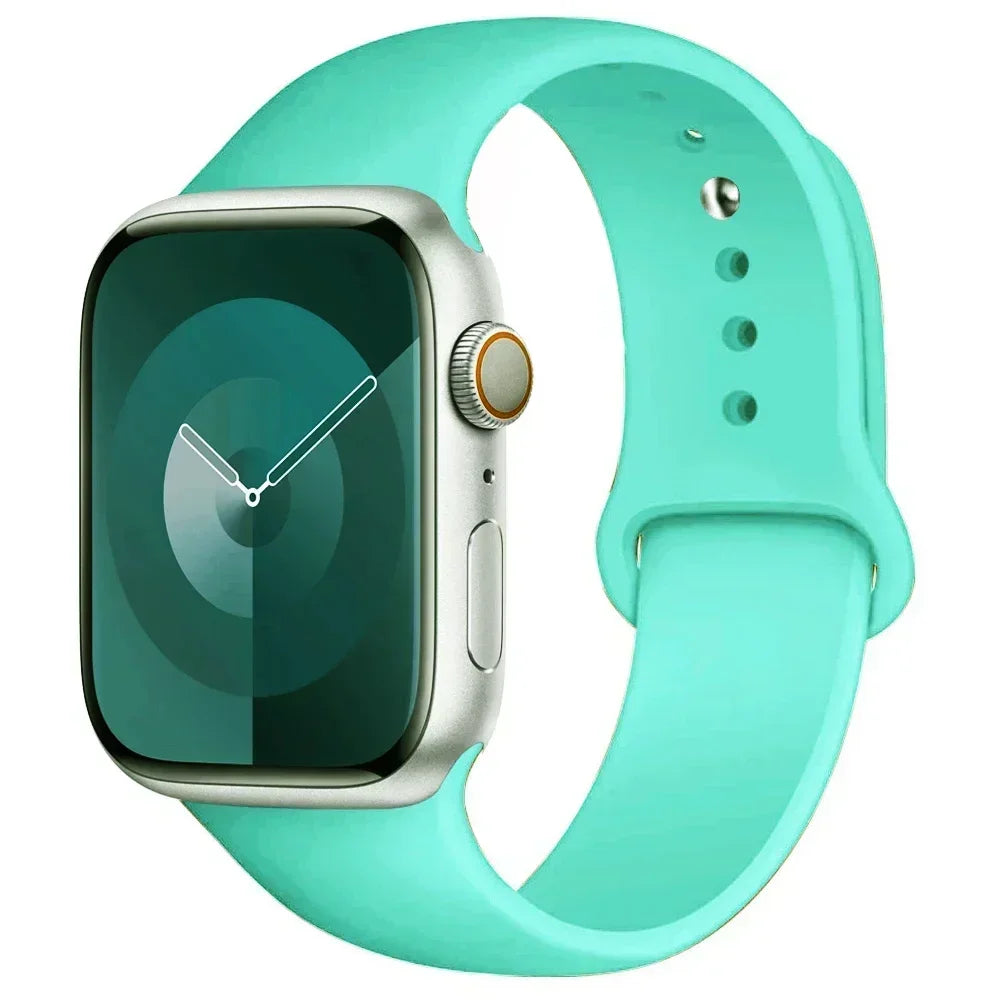 A teal silicone sport band for an Apple Watch displayed on a white background.