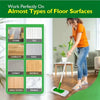 A woman mops a floor with a green microfiber mop, demonstrating the product's use on various surfaces.