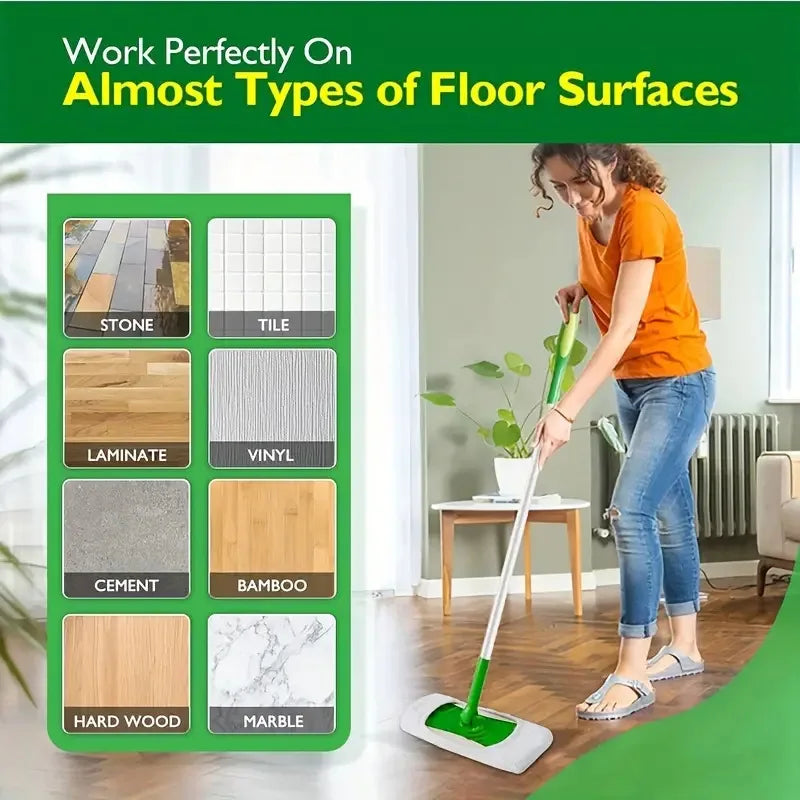 A woman mops a floor with a green microfiber mop, demonstrating the product's use on various surfaces.