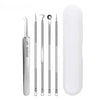 A set of stainless steel acne and blackhead removal tools, including a long applicator and a storage case.