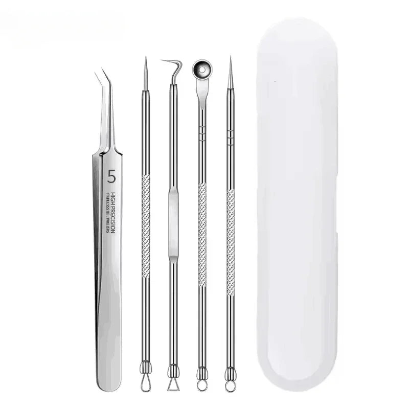 A set of stainless steel acne and blackhead removal tools, including a long applicator and a storage case.
