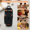 A black tool pouch with an orange belt clip shown alongside various gift ideas for men and women.