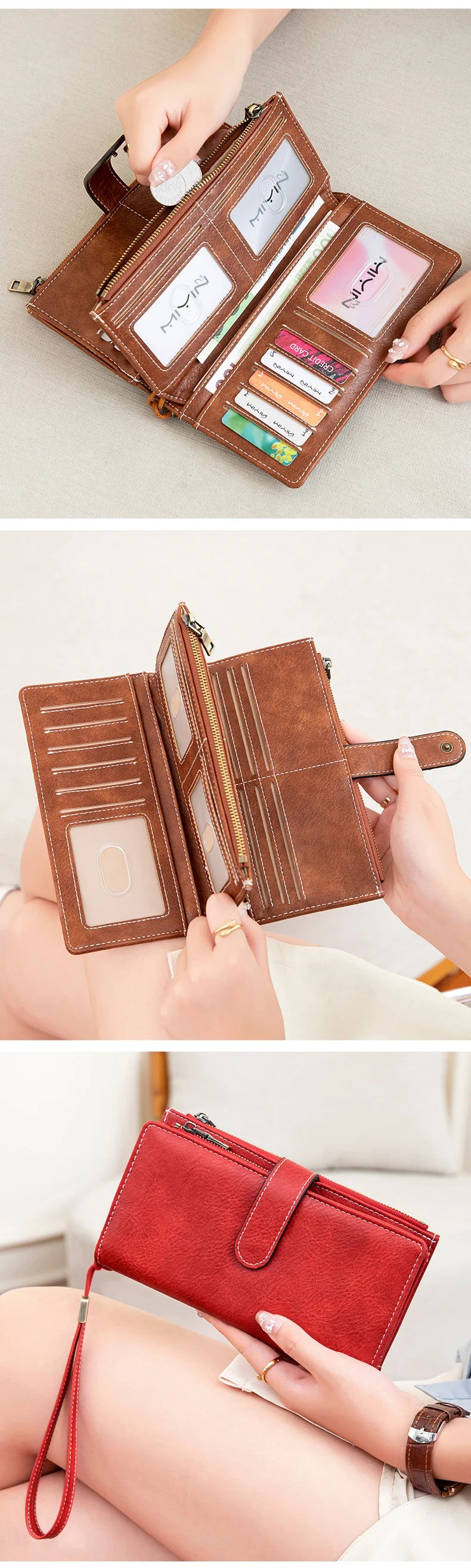Vintage RFID-Blocking Long Wallet with Wristlet Strap