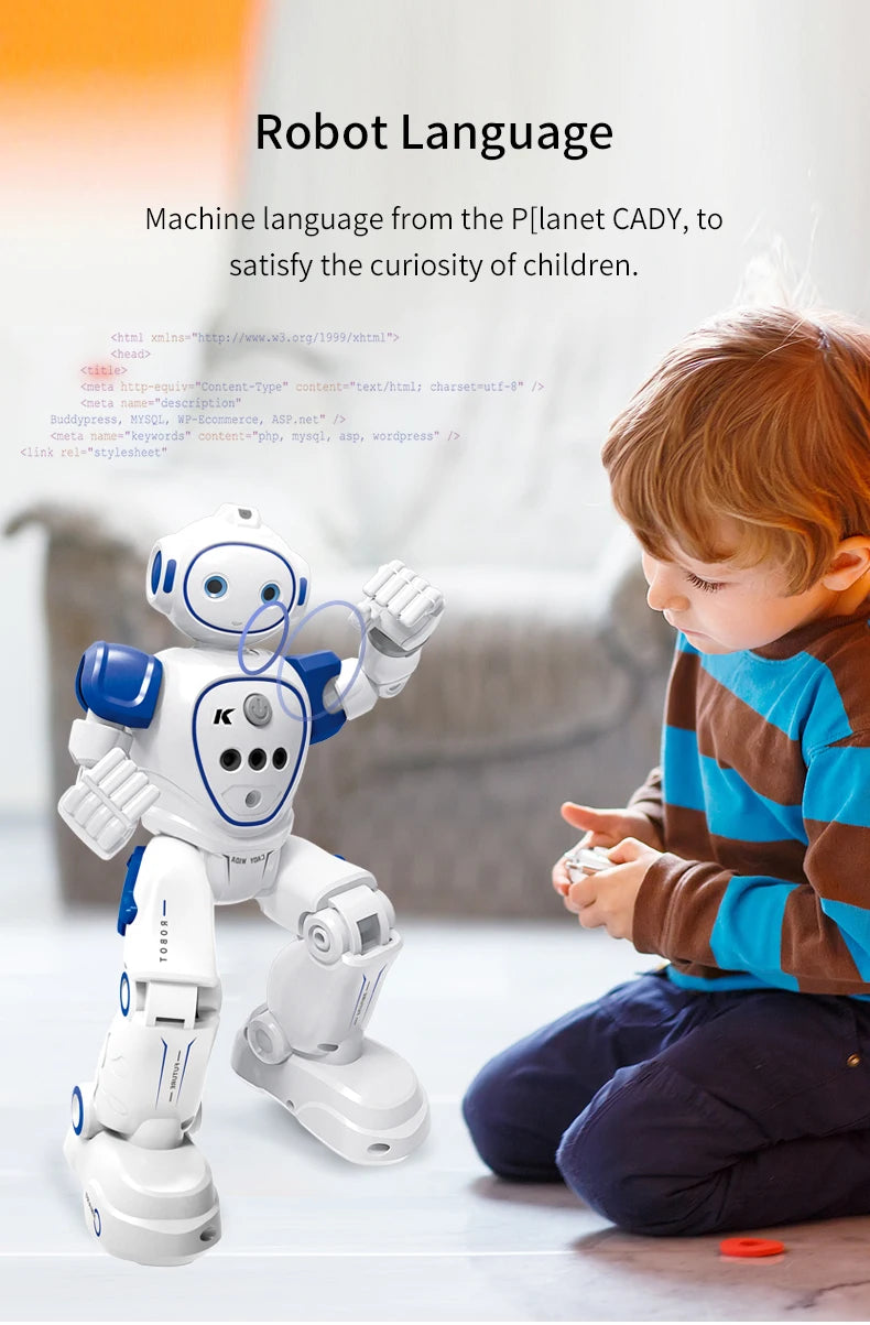 A child is interacting with a white robot toy, which is designed to teach machine language concepts.