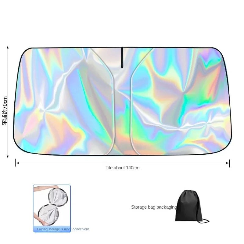 A car sunshade designed to fit the windshield, shown alongside its storage bag.