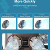 Close-up view of a dual-head USB car fan with three speed settings in operation.