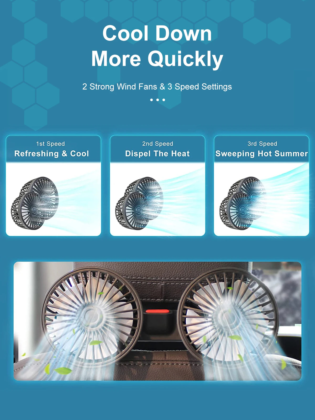 Close-up view of a dual-head USB car fan with three speed settings in operation.