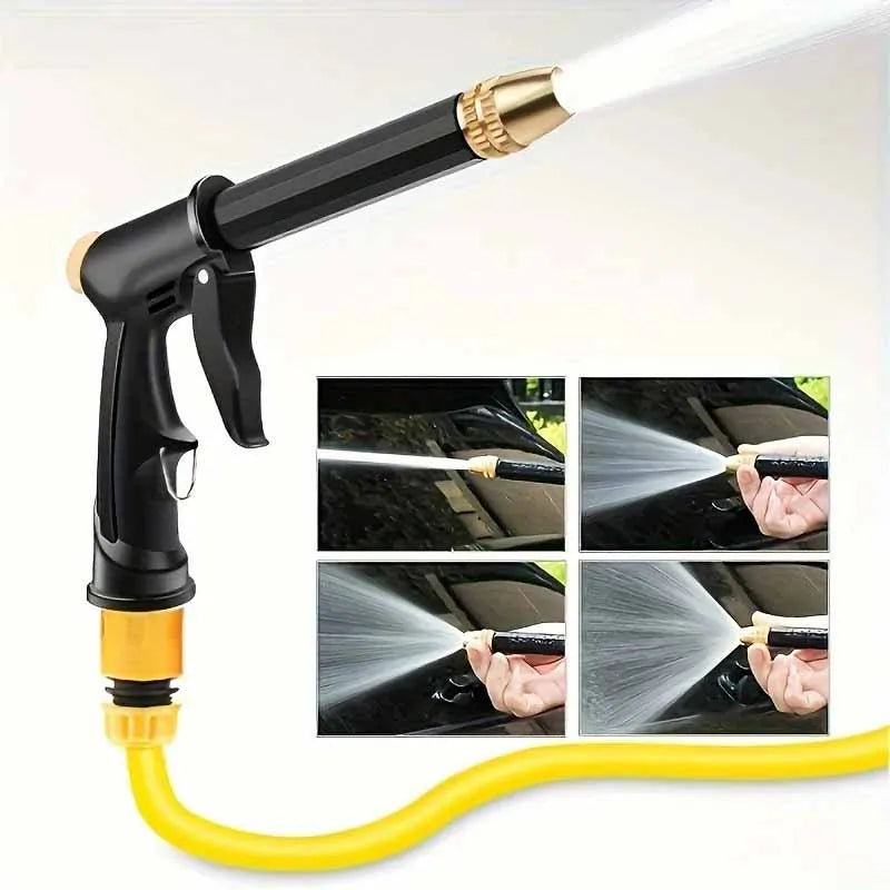 A black high-pressure car wash gun with a yellow hose and a white spray nozzle is shown spraying water onto a car surface.