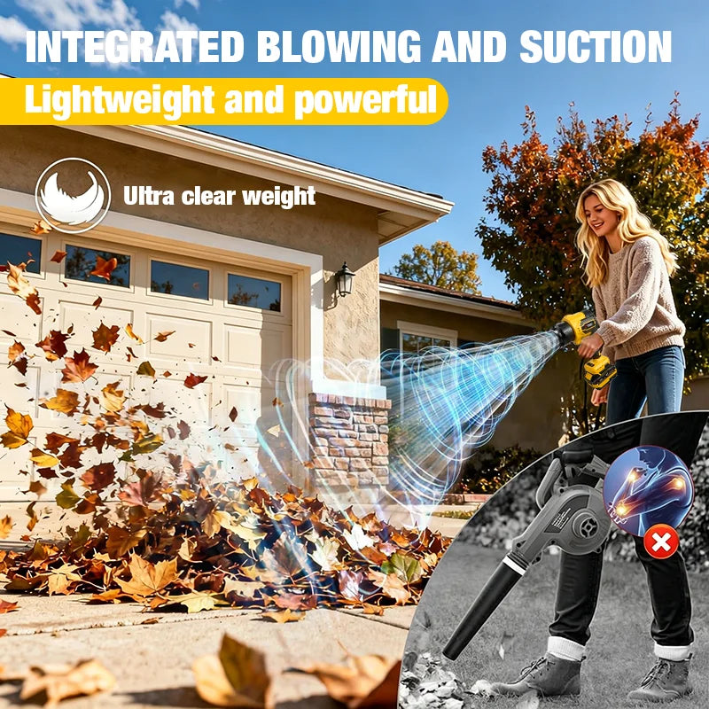 A woman uses an integrated blowing and suction tool to clear fallen leaves outdoors.