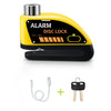 Yellow motorcycle disc brake lock with an alarm feature and a key.