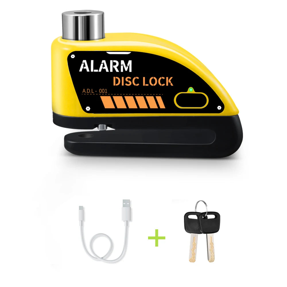 Yellow motorcycle disc brake lock with an alarm feature and a key.