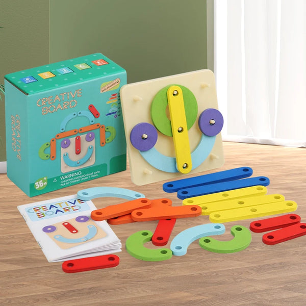 A set of wooden geoboard shapes and a green box for creative building activities.