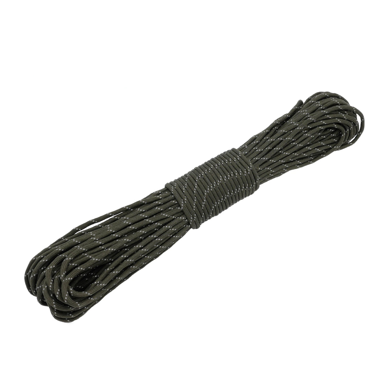 A bundle of dark green reflective paracord rope used for outdoor utility and binding.