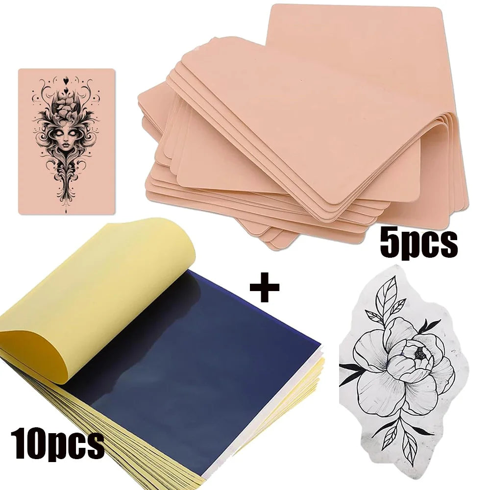 A kit containing 5 sheets of pink tattoo practice paper and 10 sheets of dark blue thermal transfer paper with a floral desig
