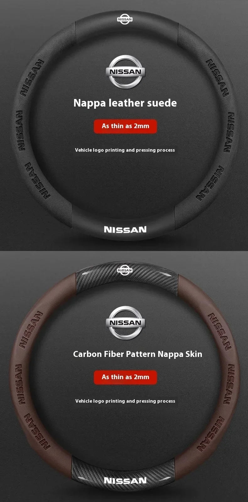 A black steering wheel cover made of Nappa leather suede and a carbon fiber pattern, featuring the Nissan logo.