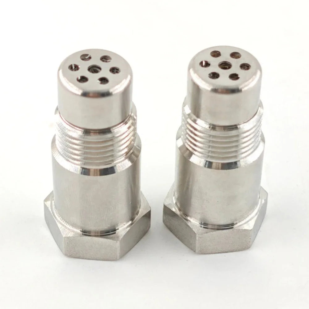 Silver M18 x 1.5 thread car exhaust pipe adapter connector with multiple small holes.