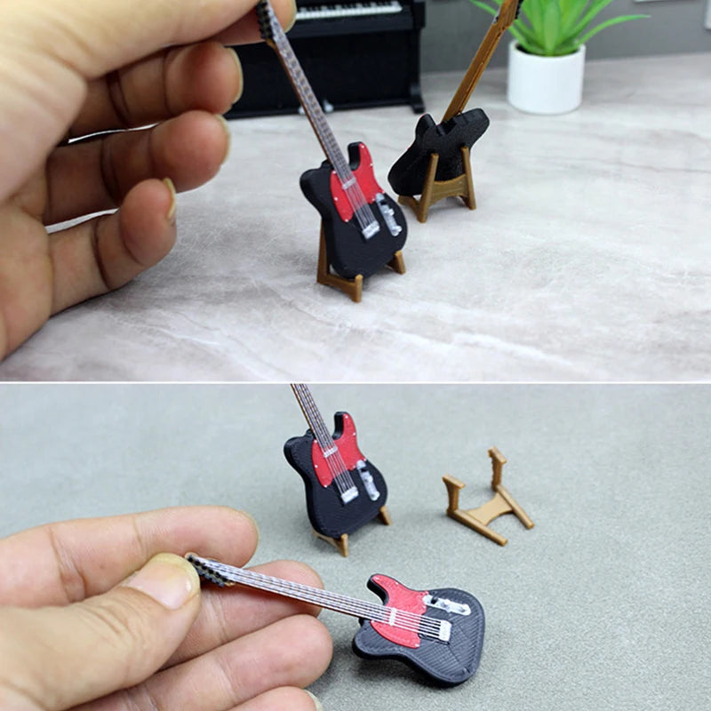A hand holds a miniature 1:12 scale dollhouse piano with a bench, a small musical instrument decor.
