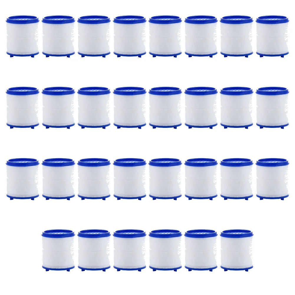 A set of white and blue 360° rotating kitchen faucet water filters with splash guards.