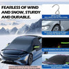 A dark gray car is shown with a black magnetic windshield cover installed, demonstrating its durability and wind protection.