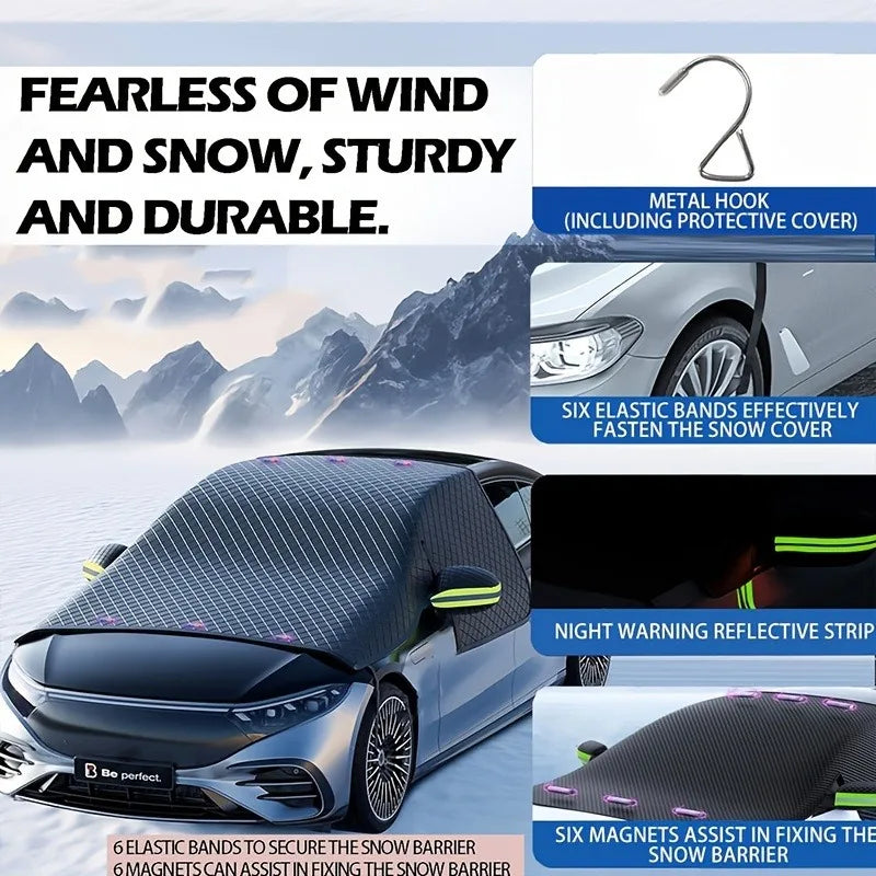 A dark gray car is shown with a black magnetic windshield cover installed, demonstrating its durability and wind protection.
