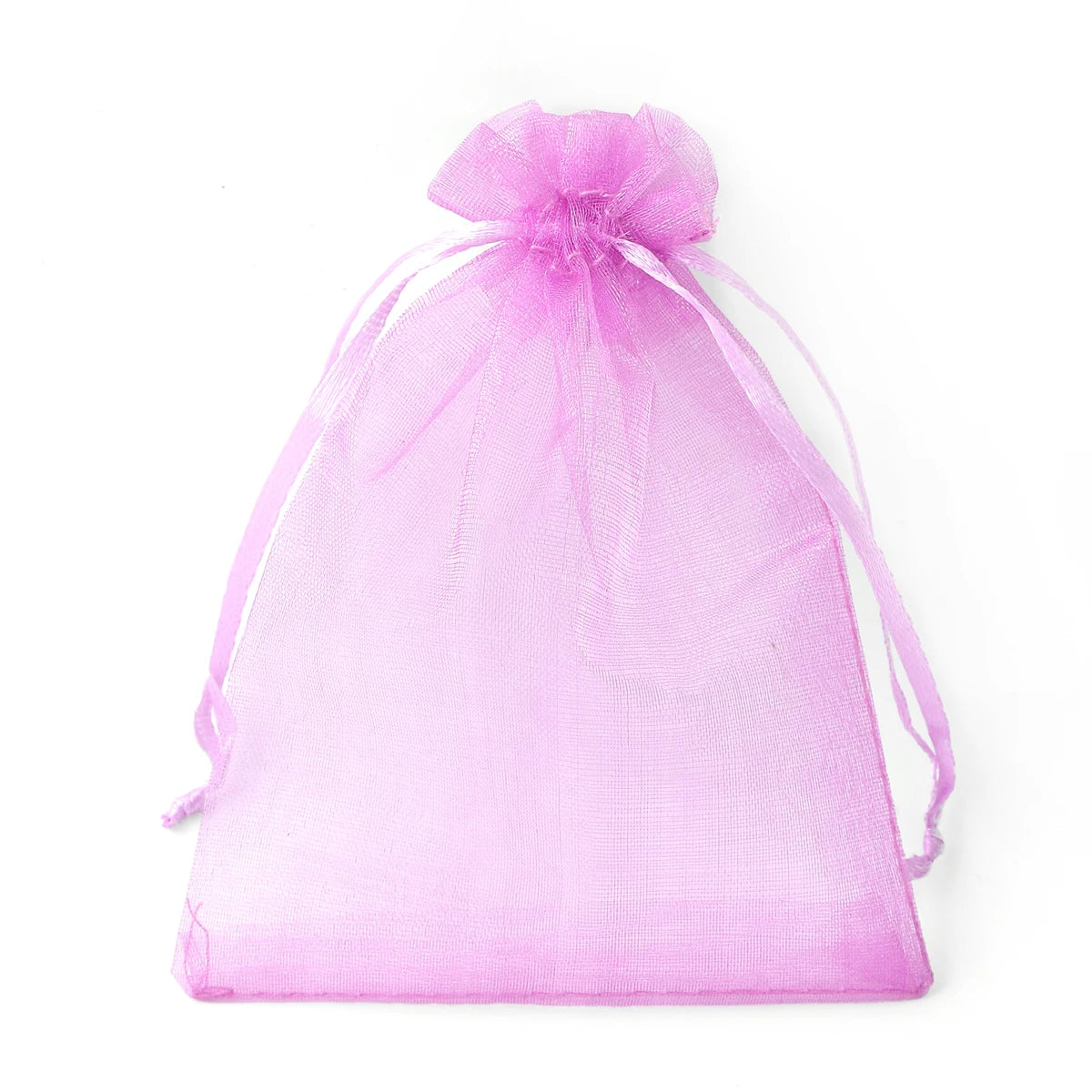A sheer pink organza drawstring gift bag is displayed against a white background.