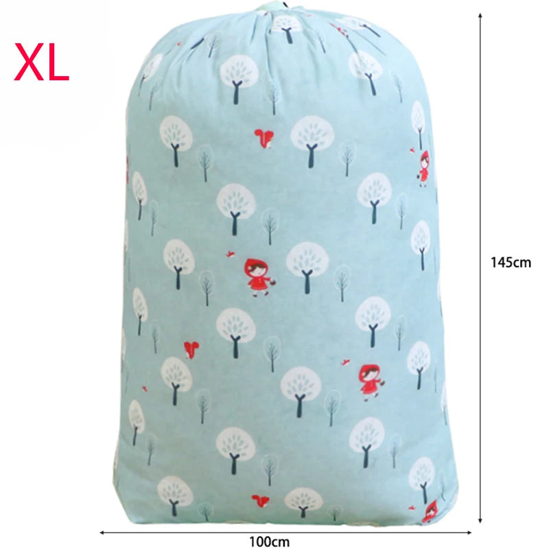 Light blue drawstring laundry bag featuring a pattern of white and red trees.
