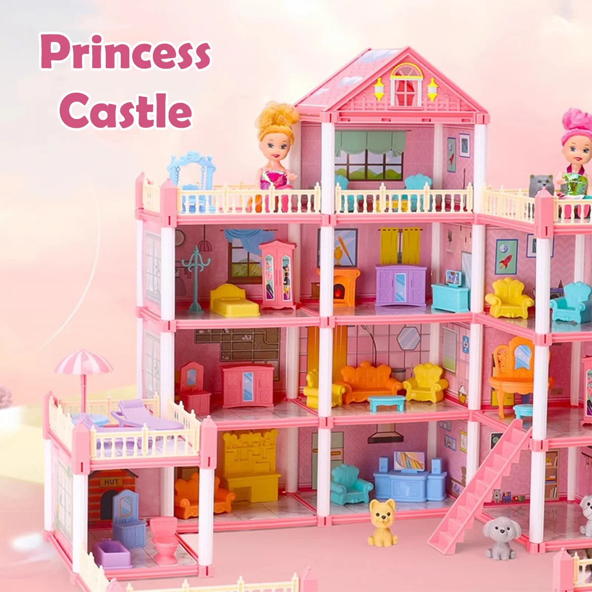 A pink princess castle dollhouse featuring multiple floors, colorful furniture, and decorative elements for girls.