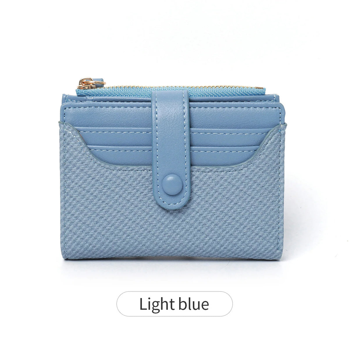 Light blue bi-fold wallet with gold zipper and textured fabric detail