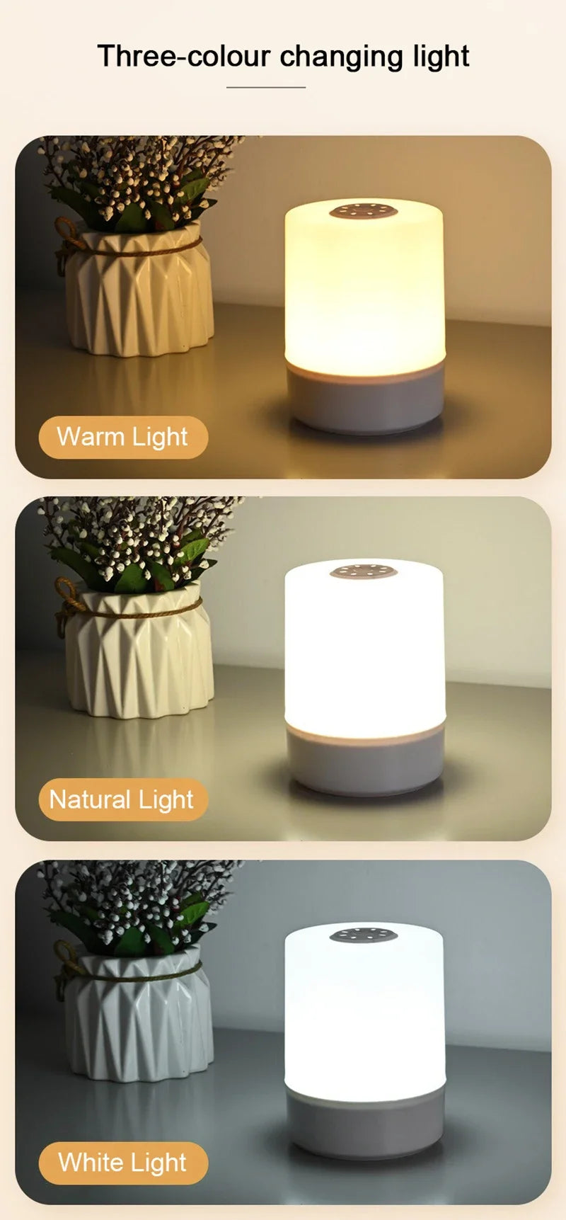 Three-colour changing light lamp shown in three settings: Warm Light, Natural Light, and White Light.