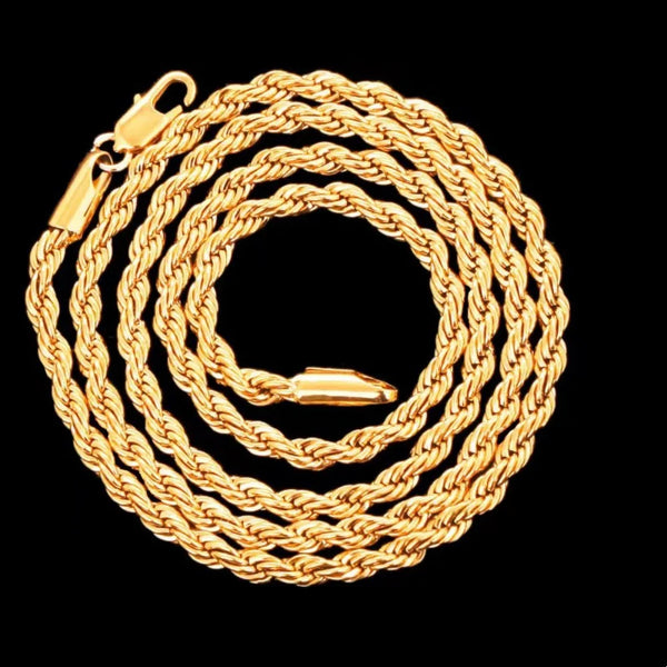 A thick 18K gold-plated sterling silver rope chain necklace coiled on a black background.