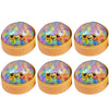 Sechs bunte Perlenknödel-Squishies in runden Behältern
