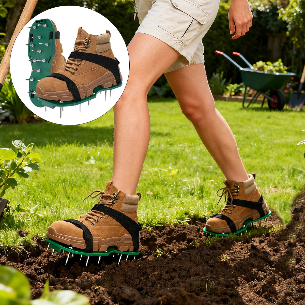 A person wearing adjustable lawn aerator shoes with heavy-duty spikes is shown planting in the soil.