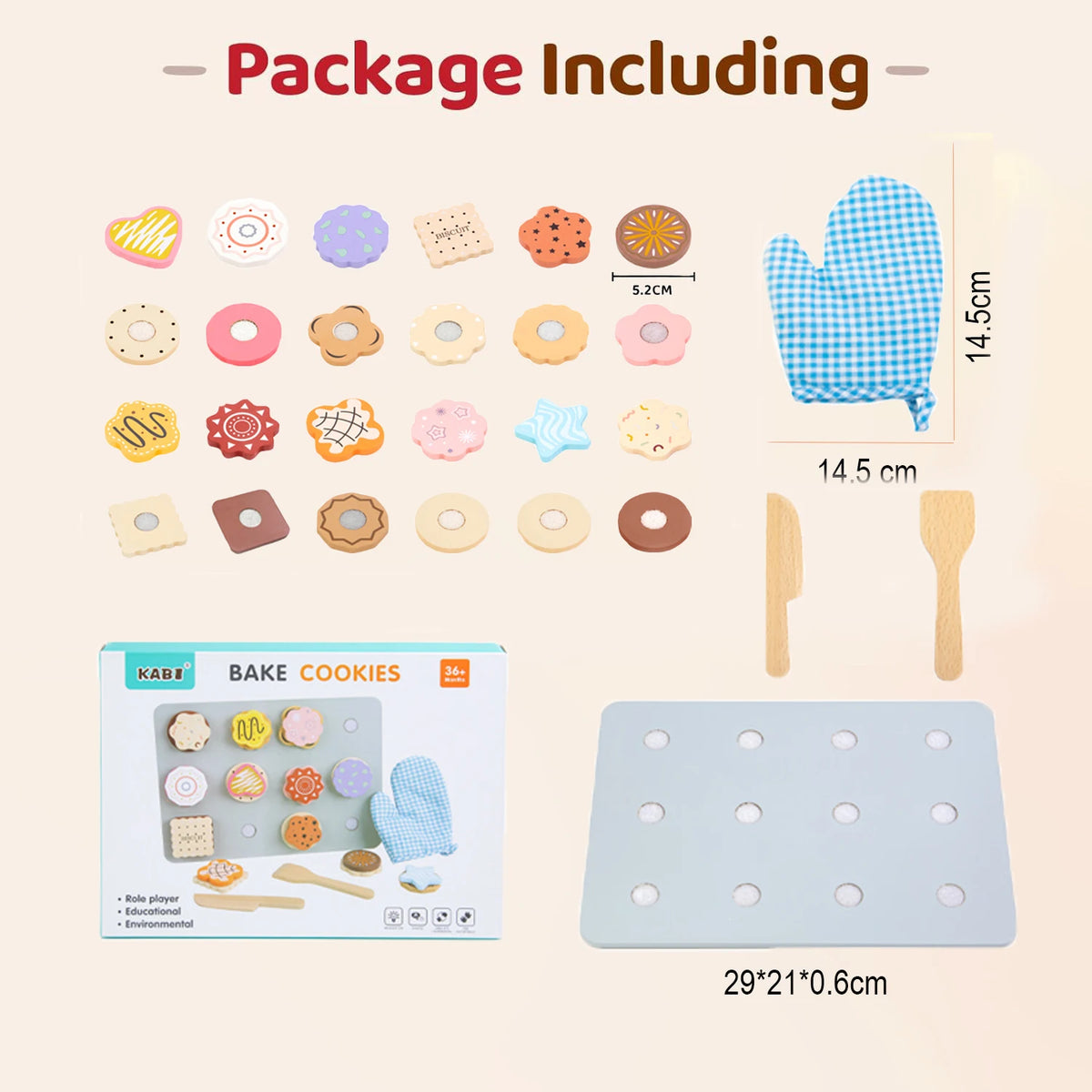 A package of wooden bake cookies and accessories including rolling pins and a silicone mat.