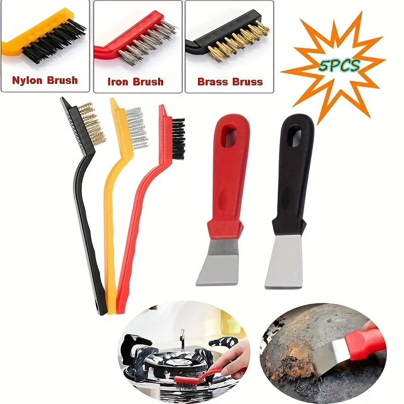 A set of kitchen cleaning brushes and scraper tools including nylon, iron, and brass brushes.