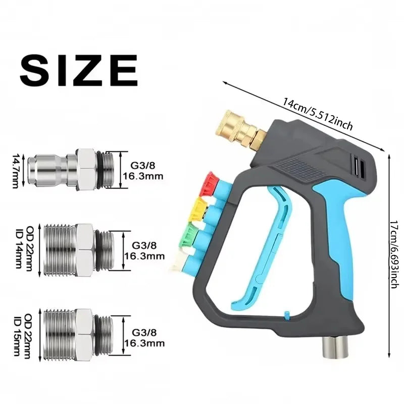 A black rotating car wash pressure gun with a blue handle and color-coded nozzle kit shown next to size measurements.