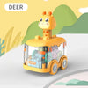 A yellow deer shaped press and go light-up gear car toy for toddlers.