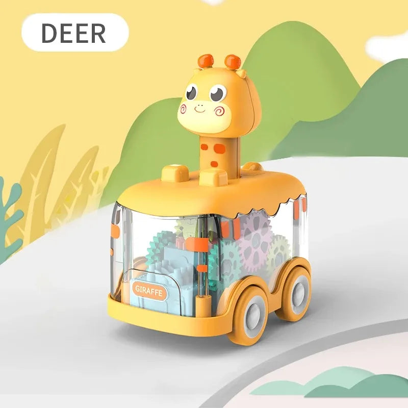 A yellow deer shaped press and go light-up gear car toy for toddlers.