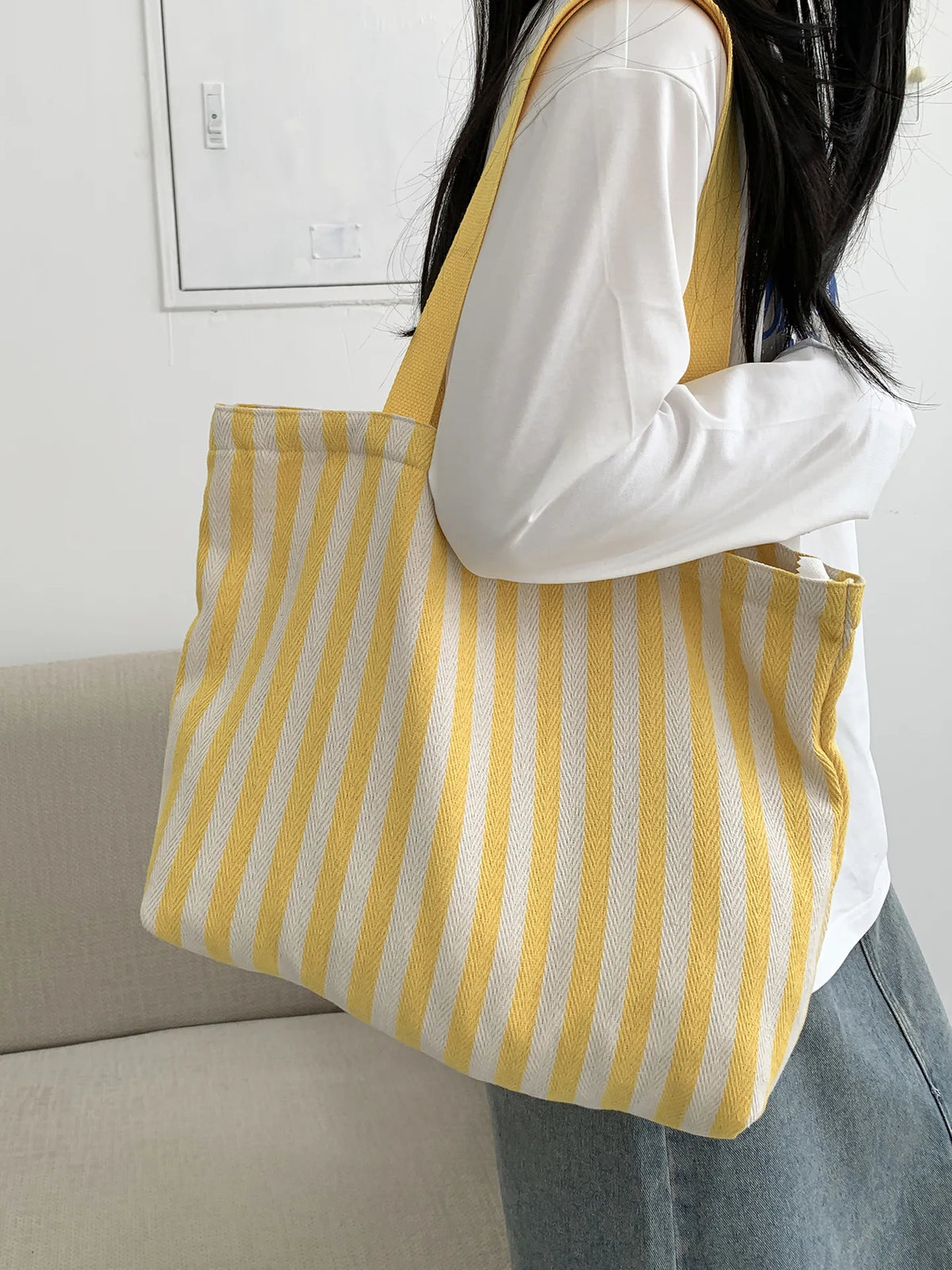Striped Canvas Shoulder Tote Bag