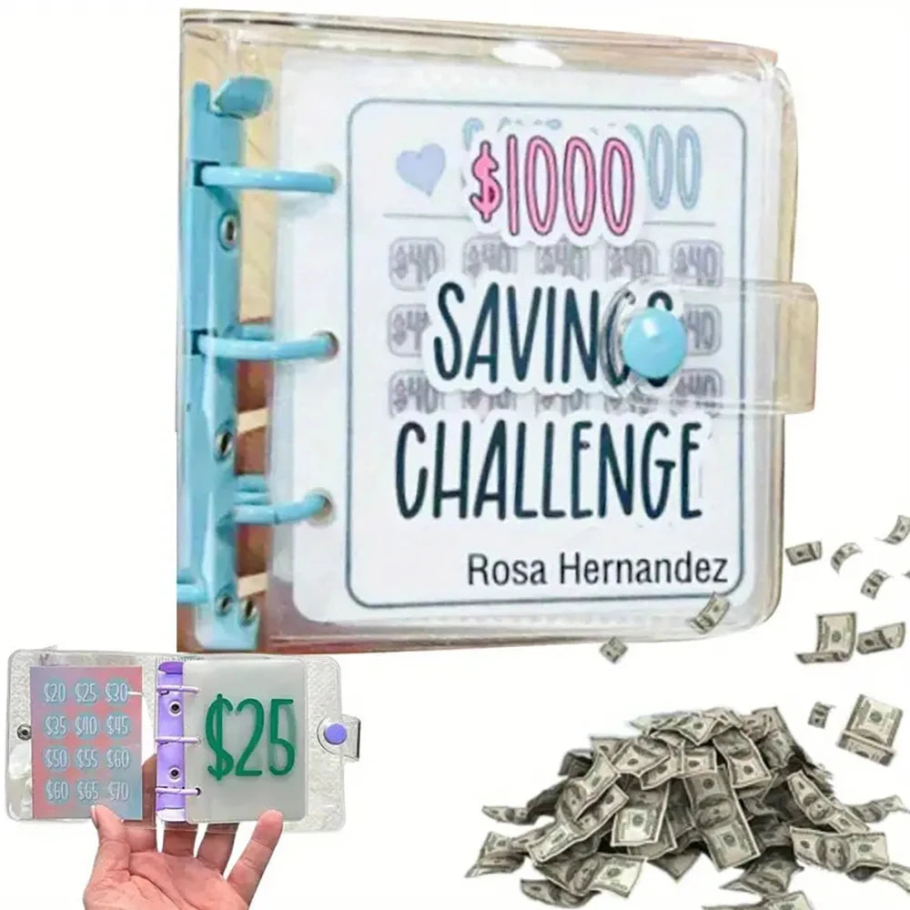 A clear binder for a cash savings challenge with envelope storage and a stack of US dollar bills.